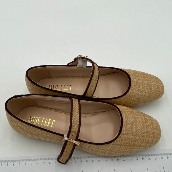 Miss Left Beige Braid Comfort Buckle Strap Mary Janes Round Toe Ballet Flats - Picture 4 of 8
